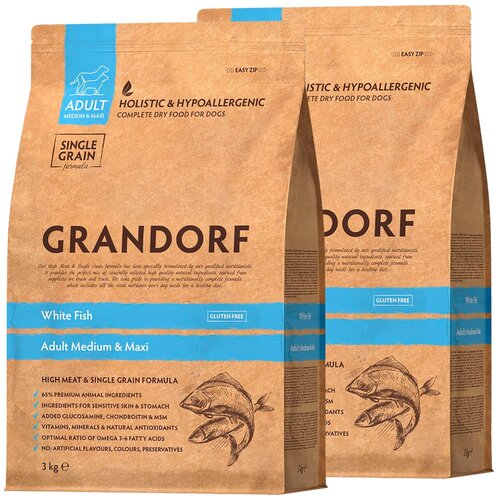 GRANDORF SINGLE GRAIN DOG ADULT MEDIUM & MAXI WHITE FISH низкозерновой для взрослых собак средних и крупных пород с белой рыбой (3 + 3 кг) фото, описание