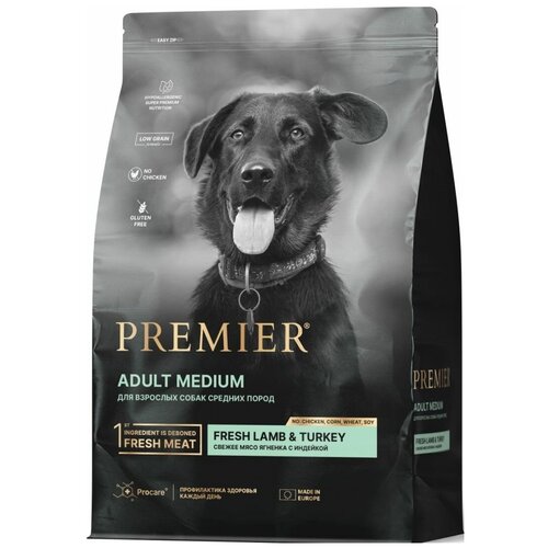 Корм сухой для собак средних пород Premier Dog Lamb&Turkey ADULT Medium Свежее мясо ягненка с индейкой 10 кг фото, описание