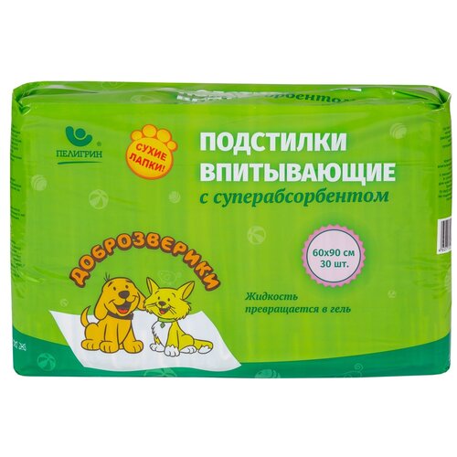 Пеленки для щенков впитывающие Доброзверики Сухие лапки 90х60 см 30 шт. 90 см 60 см белый фото, описание