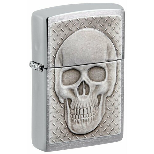 Зажигалка ZIPPO Skull Design с покрытием Brushed Chrome, латунь/сталь, серебристая, 38x13x57 мм фото, описание