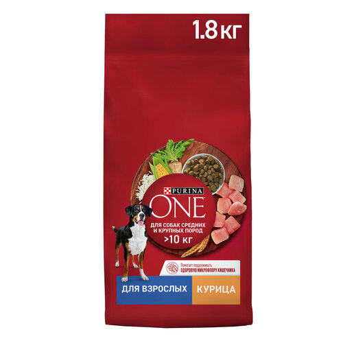 Сухой корм для собак Purina ONE для средних и крупных пород с курицей и рисом 1,8 кг фото, описание