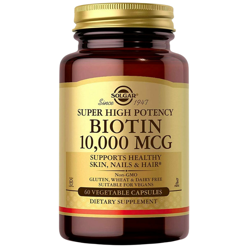 Капсулы SOLGAR Biotin Super High Potency, 100 г, 10000 мкг, 60 шт. фото, описание