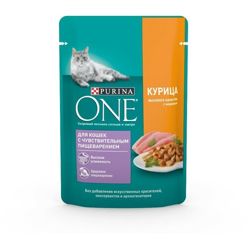 Влажный корм для кошек Purina ONE при чувствительном пищеварении, с курицей, с морковью 75 г (кусочки в соусе) фото, описание