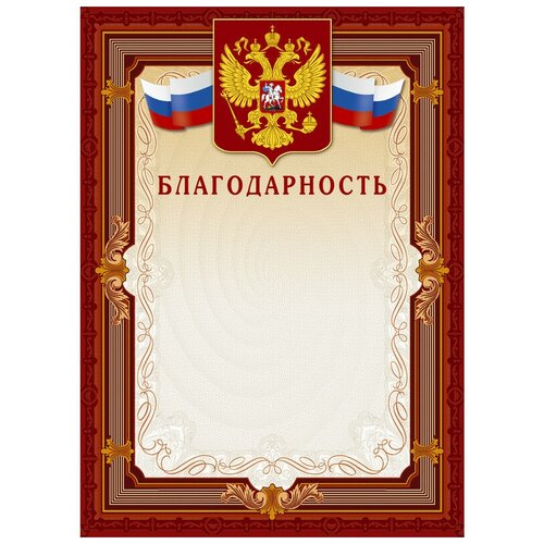 Благодарность Комус А4 230 г/кв. м 10 штук в упаковке (коричневая рамка, герб, триколор, А4-41/Б) фото, описание