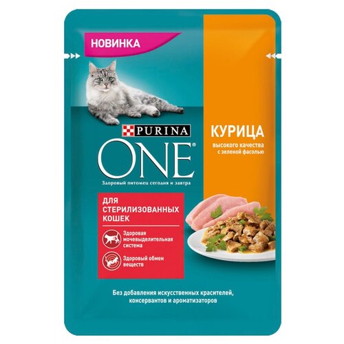 Влажный корм для стерилизованных кошек Purina ONE с курицей, с зелёной фасолью 75 г (кусочки в бульоне) фото, описание