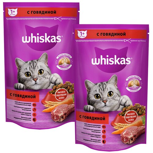 WHISKAS аппетитный обед для взрослых кошек c говядиной с нежным паштетом (0,8 + 0,8 кг) фото, описание