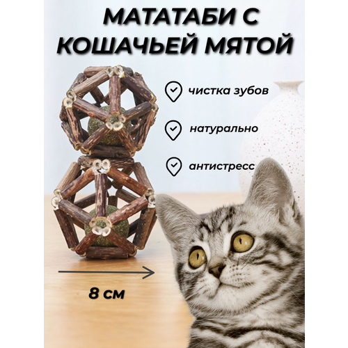 Шарик кошачья мята с мататаби, игрушка антистресс, шарик с мятой и палочками мататаби большой 8 см фото, описание