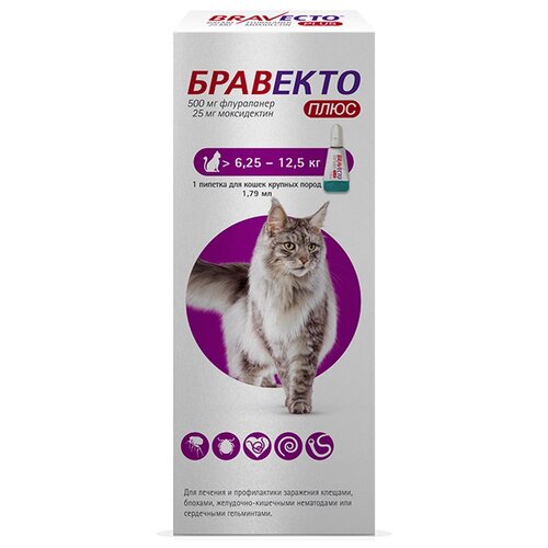 MSD Animal Health  Бравекто Плюс капли от блох и клещей для кошек 6.25-12.5 кг 1 шт. в уп., 1 уп. фото, описание