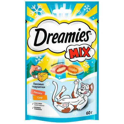 Dreamies Лакомство д/кош Mix Подушечки с лососем и сыром 60 гр х 3 шт. фото, описание