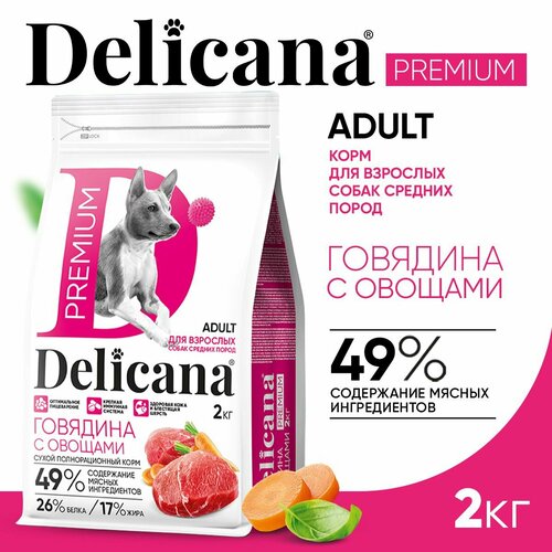 DELICANA Корм сухой для собак средних пород Говядина с овощами 2 кг фото, описание