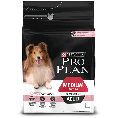 PURINA PRO PLAN Сухой корм для взрослых собак средних пород с чувствительной кожей с лососем и рисом Medium Adult Sensitive Skin Opti Derma, 14кг фото, описание