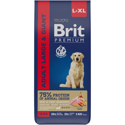 BRIT PREMIUM, Сухой корм с курицей для взрослых собак крупных пород, 15кг фото, описание