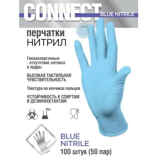 Перчатки медицинские нитриловые CONNECT Blue Nitrile, цвет: голубой, размер L, 100 штук (50 пар), 6 грамм нитрила пара фото, описание