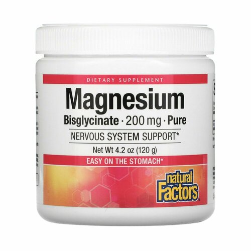 Бисглицинат магния Natural Factors Magnesium Bisglycinate, 200 мг, 120 грамм 50 порций фото, описание