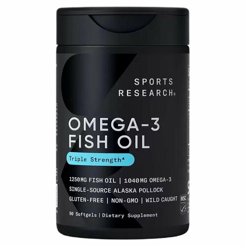 Омега 3 1250 мг 90 капсул sports research для иммунитета, сосудов, omega 3 рыбий жир спортивный комплекс фото, описание