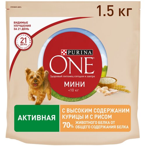 Сухой корм Purina ONE МИНИ Активная для собак мелких пород с курицей и рисом 1.5кг фото, описание