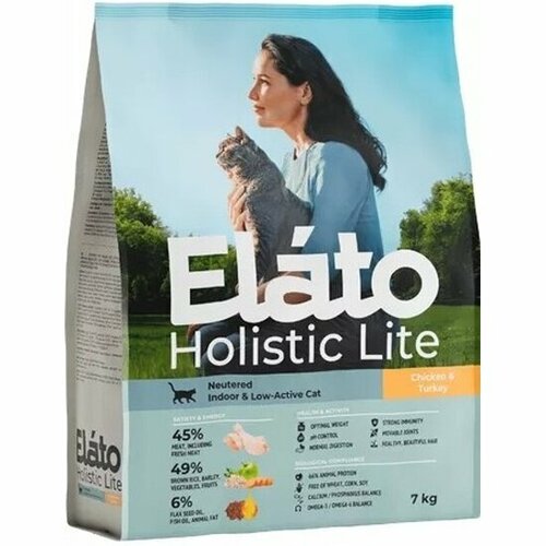 Корм сухой Elato Holistic Lite для стерилизованных кошек с курицей и индейкой, для домашних малоактивных кошек, 7 кг фото, описание