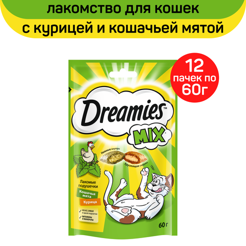 Лакомство Dreamies MIX для взрослых кошек, с мятой и курицей, 12 пачек по 60 г фото, описание