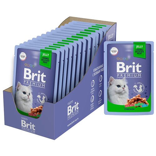 Влажный корм для кошек Brit Premium Chicken 14 шт. х 85 г (кусочки в желе) фото, описание