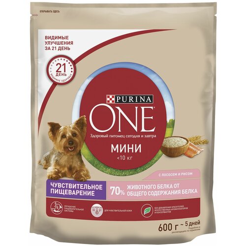 Сухой корм Purina ONE Мини Чувствительная для взрослых собак мелких пород с чувствительным пищеварением, с лососем и рисом 600 г х 2 шт фото, описание