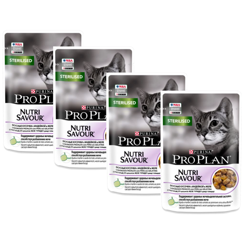 Влажный корм для стерилизованных кошек Pro Plan Nutrisavour , с индейкой 4 шт. х 85 г (кусочки в желе) фото, описание