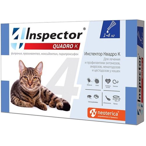 Inspector раствор от блох и клещей Quadro K от 1 до 4 кг для кошек от 1 до 4 кг 1 шт. в уп., 1 уп. фото, описание