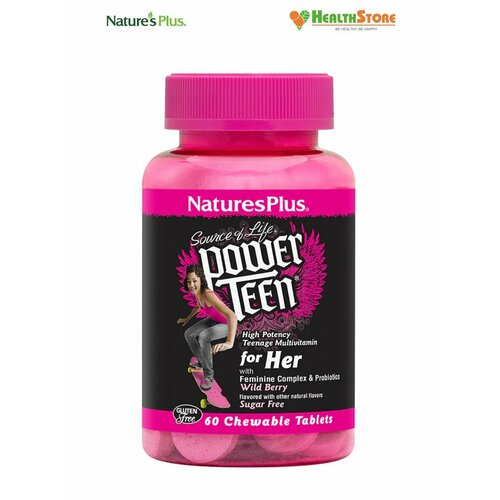 NaturesPlus Source of Life Power Teen For Her 60 жевательных таблеток (дикая ягода) витамины для девочек подростков, комплекс мультивитаминов для девочек подростков фото, описание