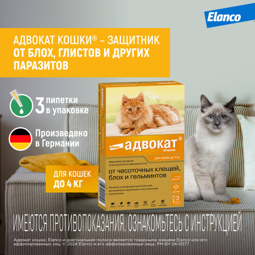 Адвокат кошки (Elanco) - капли на холку от чесоточных клещей, блох и гельминтов для кошек и хорьков до 4 кг –  3 пипетки фото, описание