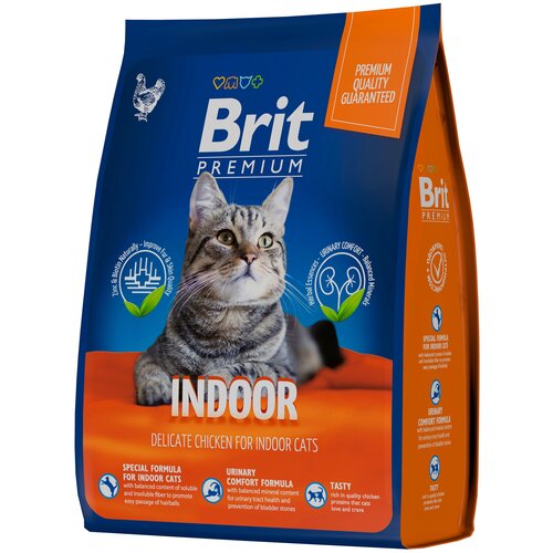 Сухой корм Brit Premium Cat Indoor премиум класса для домашних кошек с курицей 2кг фото, описание