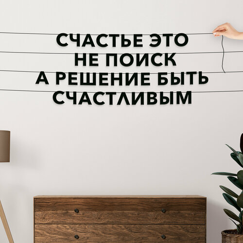 Надпись на стену, Цитата Ральф Уолдо Эмерсон - “Счастье — это не поиск, а решение быть счастливым“, черная текстовая растяжка. фото, описание