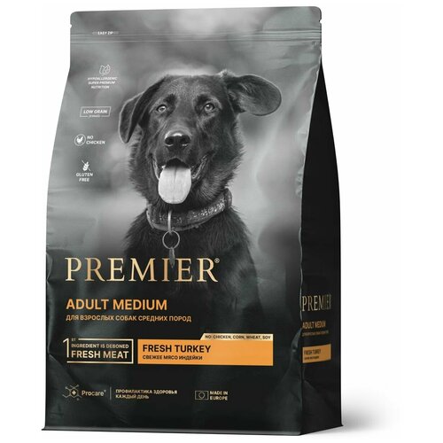 Сухой корм Premier Dog Turkey ADULT Medium для собак средний пород, свежее мясо индейки, 3 кг. фото, описание