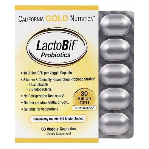 California Gold Nutrition LactoBif капс., 30 млрд КОЕ, 130 г, 60 шт., нейтральный, 1 уп. фото, описание