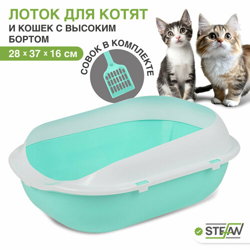 Туалет-лоток для котят и кошек с совком STEFAN, малый (S) 37х28х16, бирюзовый, BP2492 фото, описание