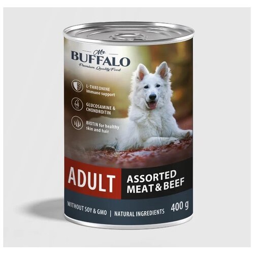 Влажный корм для собак Mr.BUFFALO Adult мясное ассорти с говядиной 1 уп. х 9 шт. х 400 г фото, описание