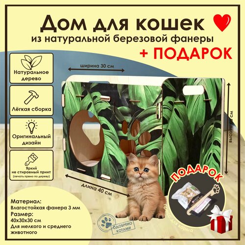 Домик для кошек Мини / Деревянный домик для кота / Лежак для кошек / Лежанка для кошки из фанеры / Домик для животных из дерева фото, описание