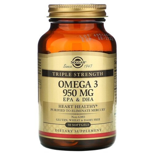 Solgar, Omega-3, EPA & DHA, Triple Strength, 950 mg, омега-3, ЭПК и ДГК, тройной концентрации, 950 мг, 50 капсул фото, описание