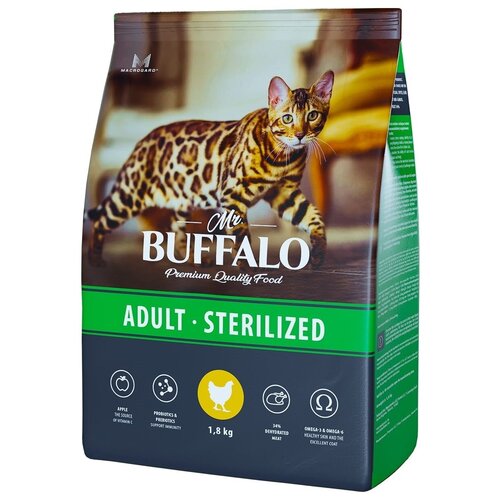 Mr. Buffalo STERILIZED Сухой корм для стерилизованных и кастрированных кошек с курицей 1,8 кг фото, описание