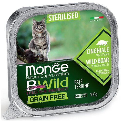 Влажный корм для стерилизованных кошек Monge BWILD Feed the Instinct, беззерновой, с кабаном, с овощами 100 г (паштет) фото, описание