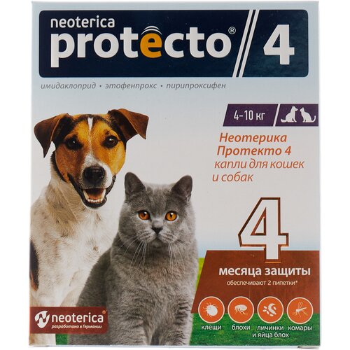 Neoterica капли от блох и клещей Protecto 4 для собак, щенков, кошек, для домашних животных от 4 до 10 кг 2 шт. в уп., 1 уп. фото, описание