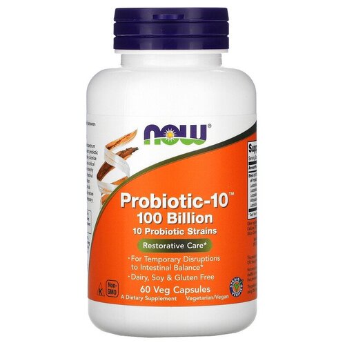 NOW Foods, Probiotic-10 100 Billion, 60 Veg Capsules, пробиотик-10, 100 млрд, 60 растительных капсул фото, описание