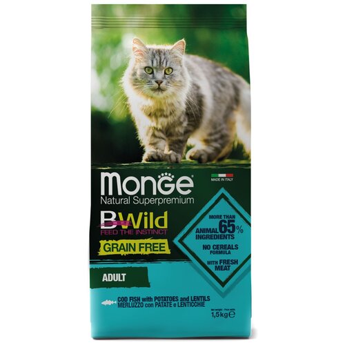 Сухой корм для кошек Monge BWILD Feed the Instinct, беззерновой, с треской, с картофелем, с чечевицей 1500 г фото, описание