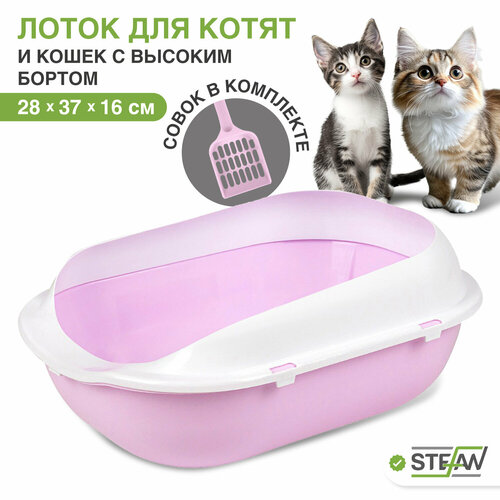 Туалет лоток для котят и кошек с высокими бортиками и совком STEFAN, малый (S) 37х28х16, лиловый, BP2494 фото, описание