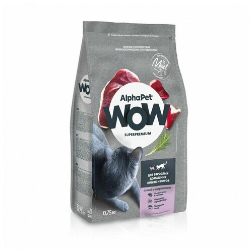 ALPHAPET WOW SUPERPREMIUM сухой корм для взрослых стерилизованных кошек и котов с уткой и потрошками 750г х 1 шт фото, описание