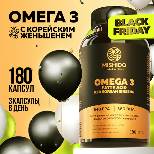 Омега 3 + красный корейский женьшень MISHIDO, 180 капсул рыбий жир 1000мг Omega 3 фото, описание