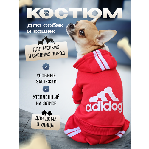 Комбинезон Adidog для собак и кошек, демисезонный, размер XL, красный, унисекс, с капюшоном фото, описание