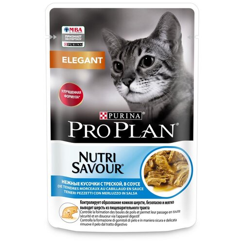 корм для кошек Pro Plan Nutri Savour, с чувствительной кожей, нежные кусочки с треской 85 г (кусочки в соусе) фото, описание