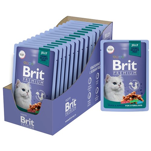 Влажный корм для стерилизованных кошек Brit Premium Утка с яблоком 14 шт. х 85 г (кусочки в желе) фото, описание