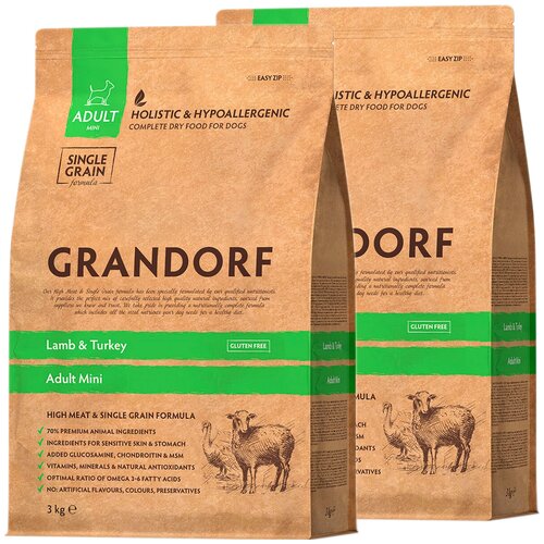 GRANDORF SINGLE GRAIN DOG ADULT MINI LAMB & TURKEY низкозерновой для взрослых собак маленьких пород с ягненком и индейкой (3 + 3 кг) фото, описание