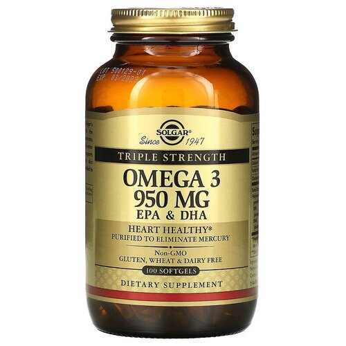 Solgar, Omega 3, EPA & DHA, Triple Strength, 950 mg, омега-3, ЭПК и ДГК, тройной концентрации, 950 мг, 100 капсул фото, описание