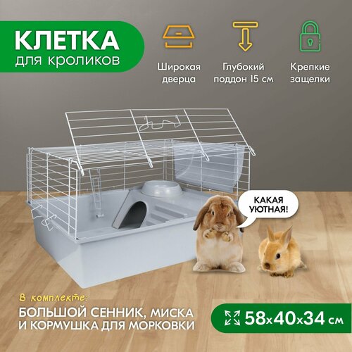 Клетка для кроликов PetTails №1 складная, шаг прута до 25мм, 58*40*h34см (+миска, 2 кормушки) светло-серый-бел фото, описание